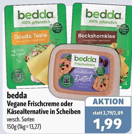 bedda Vegane Frischcreme oder Käsealternative in Scheiben versch. Sorten 150g (1kg=13,27)