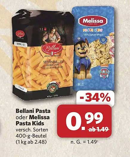 Bellani Pasta oder Melissa Pasta Kids versch. Sorten 400-g-Beutel