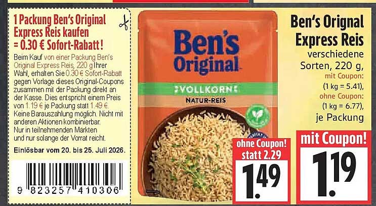 Ben's Original Express Reis verschiedene Sorten, 220 g, mit Coupon!