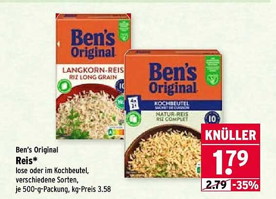 Ben's Original Reis* lose oder im Kochbeutel, verschiedene Sorten, je 500-g-Packung, kg-Preis 3.58