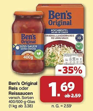 Ben’s Original Reis oder Reissaucen versch. Sorten 400/500-g-Glas (1 kg ab 3.38)