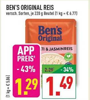 BEN’S ORIGINAL REIS versch. Sorten, je 220 g Beutel (1 kg = € 6.77)