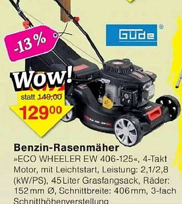 Benzin-Rasenmäher »ECO WHEELER EW 406-125«, 4-Takt Motor, mit Leichtstart, Leistung: 2,1/2,8 (kW/PS), 45 Liter Fangsack, Räder: 152 mm Ø, Schnittbreite: 406 mm, 3-fach