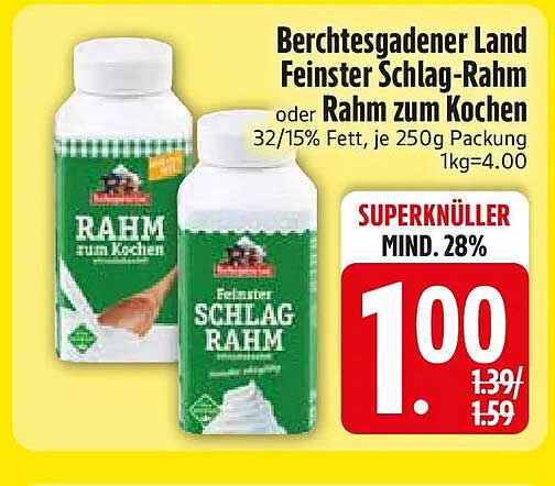 Berchtesgadener Land Feinster Schlag-Rahm oder Rahm zum Kochen 32/15% Fett, je 250g Packung 1kg=4.00