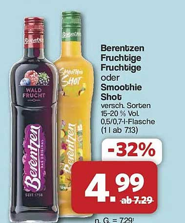 Berentzen Fruchtige Fruchtige oder Smoothie Shot versch. Sorten 15-20 % Vol. 0,5/0,7 l-Flasche (1 l ab 7,13)