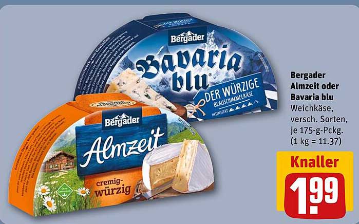 Bergader Almzeit oder Bavaria blu Weichkäse, versch. Sorten, je 175-g-Pack. (1 kg = 11.37)
