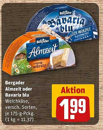 Bergader Almzeit oder Bavaria blu Weichkäse, versch. Sorten, je 175-g-Packg. (1 kg = 11.37)