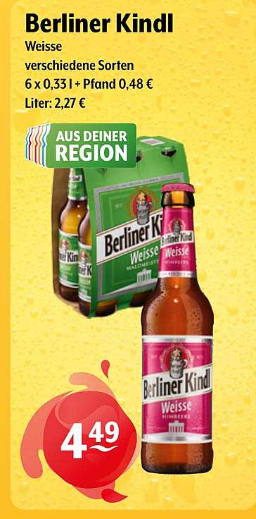 Berliner Kindl Weisse verschiedene Sorten 6 x 0,33 l + Pfand 0,48 € Liter: 2,27 €