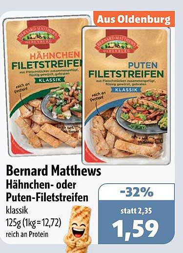 Bernard Matthews Hähnchen- oder Puten-Filetstreifen klassik 125g (1kg=12,72) reich an Protein