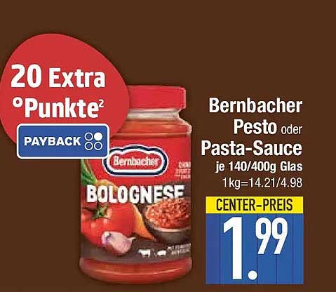 Bernbacher Pesto oder Pasta-Sauce je 140/400g Glas 1 kg=14.21/4.98