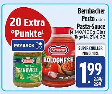 Bernbacher Pesto oder Pasta-Sauce je 140/400g Glas 1kg=14.21/4.98