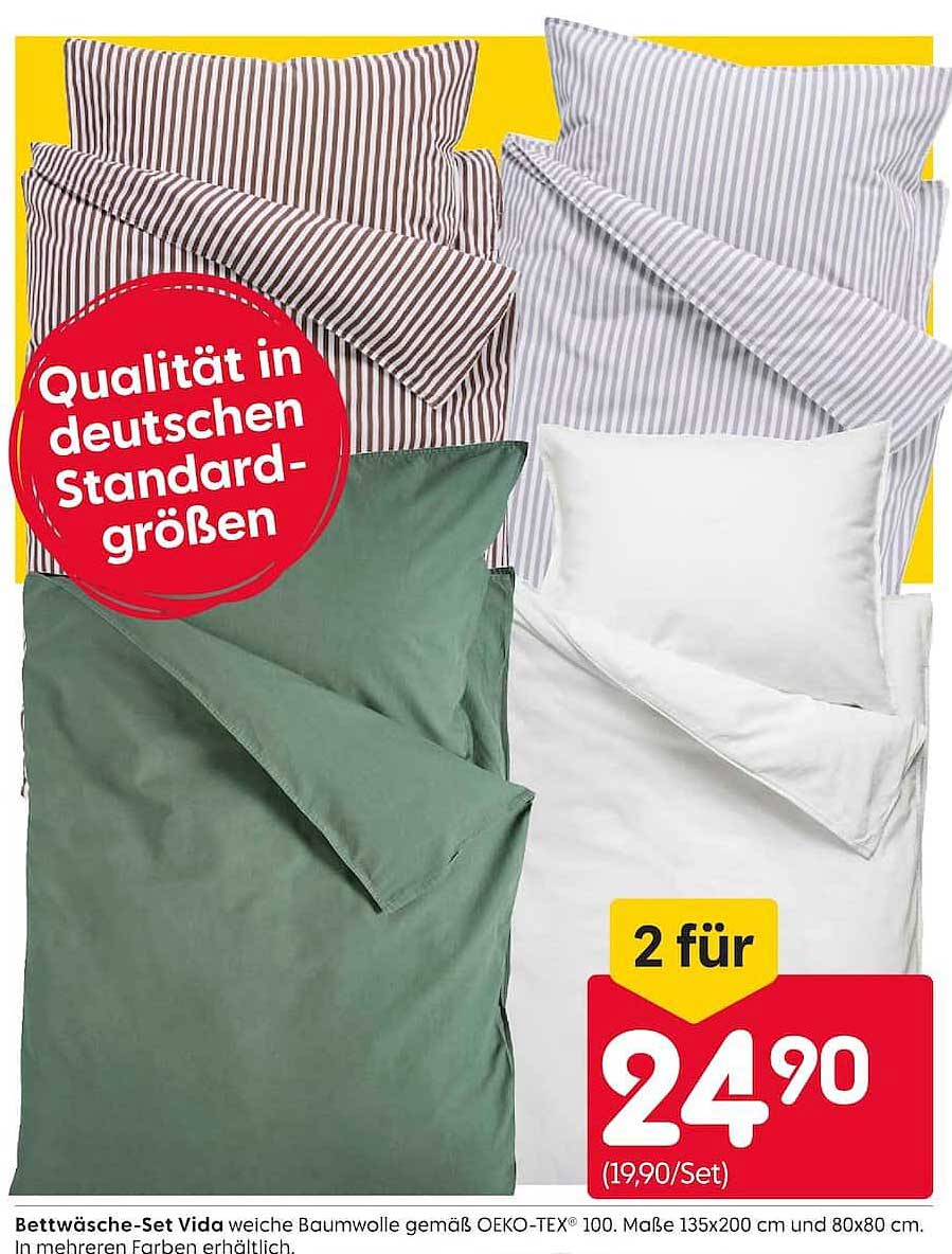 Bettwäsche-Set Vida weiche Baumwolle gemäß OEKO-TEX® 100. Maße 135x200 cm und 80x80 cm. In mehreren Farben erhältlich.