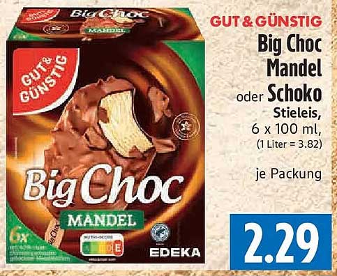 Big Choc Mandel oder Schoko Stieleis, 6 x 100 ml, (1 Liter = 3.82) je Packung