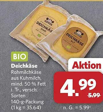 BIO Deichkäse Rohmilchkäse aus Kuhmilch, mind. 50 % Fett i. Tr. versch. Sorten 140-g-Packung (1 kg = 35.64)