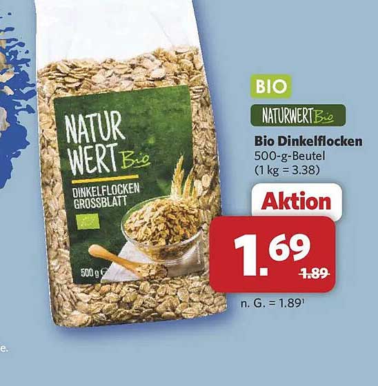 Bio Dinkelflocken 500-g-Beutel (1 kg = 3.38)