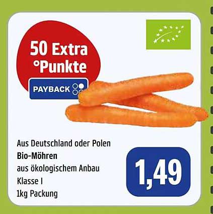 Bio-Möhren aus ökologischem Anbau Klasse I 1kg Packung