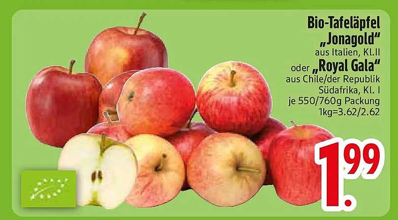 Bio-Tafeläpfel „Jonagold“ aus Italien, Kl. II oder „Royal Gala“ aus Chile/der Republik Südafrika, Kl. I, je 550/760g Packung, 1kg=3.62/2.62