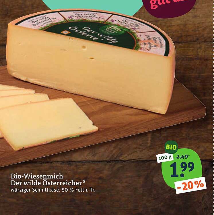 Bio-Wiesenmilch Der wilde Österreicher würziger Schnittkäse, 50 % Fett i. Tr.