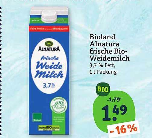 Bioland Alnatura frische Bio-Weidemilch 3,7 % Fett, 1 l Packung