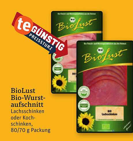 BioLust Bio-Wurstaufschnitt Lachsschinken oder Kochschinken, 80/70 g Packung