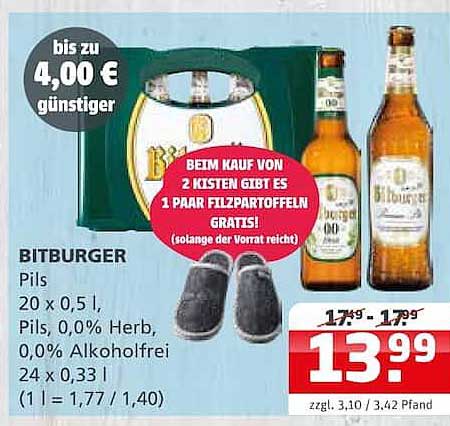 BITBURGER Pils 20 x 0,5 l, Pils, 0,0% Herb, 0,0% Alkoholfrei 24 x 0,33 l (1 l = 1,77 / 1,40)