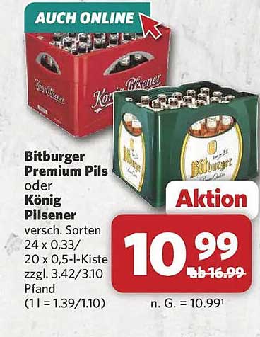 Bitburger Premium Pils oder König Pilsener versch. Sorten 24 x 0,33l/20 x 0,5-l-Kiste zzgl. 3.42/3.10 Pfand (1 l = 1.39/1.10)