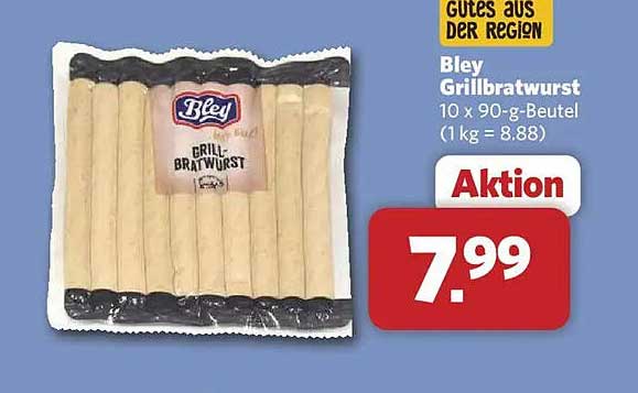 Bley Grillbratwurst 10 x 90-g-Beutel (1 kg = 8.88)