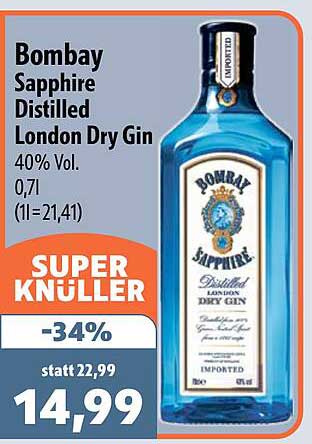 Bombay Sapphire Distilled London Dry Gin 40% Vol. 0,7l (1l = 21,41)