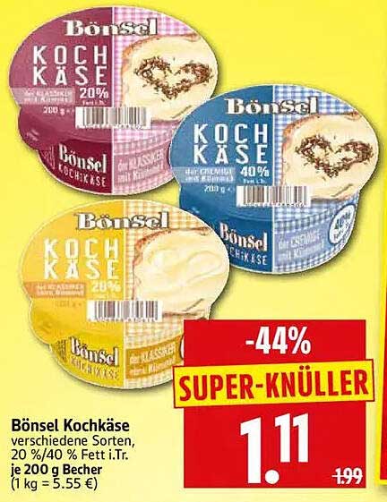 Bömsel Kochkäse verschiedene Sorten, 20 %/40 % Fett i.Tr. je 200 g Becher