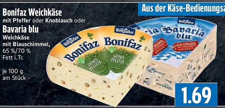 Bonifaz Weichkäse mit Pfeffer oder Knoblauch oder Bavaria blu Weichkäse mit Blauschimmel, 65 %/70 % Fett i. Tr.