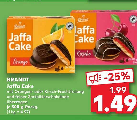 BRANDT Jaffa Cake mit Orangen- oder Kirsch-Fruchtfüllung und feiner Zartbitterschokolade überzogen je 300-g-Packg. (1 kg = 4.97)