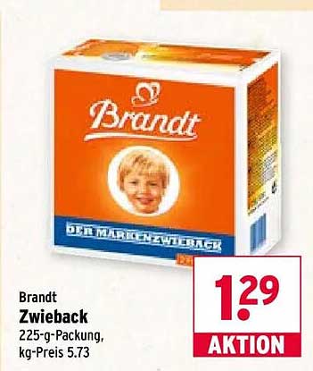 Brandt Zwieback 225-g-Packung, kg-Preis 5.73