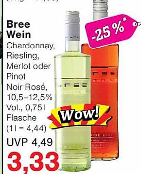 Bree Wein Chardonnay, Riesling, Merlot oder Pinot Noir Rosé, 10,5–12,5% Vol., 0,75 l Flasche (1 l = 4,44)