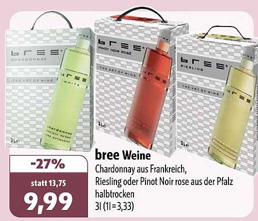 bree Weine Chardonnay aus Frankreich, Riesling oder Pinot Noir rose aus der Pfalz halbtrocken 3l (1l=3,33)