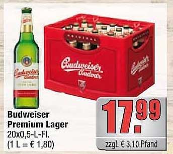 Budweiser Premium Lager 20x0,5-L-Fl. (1 L = €1,80)