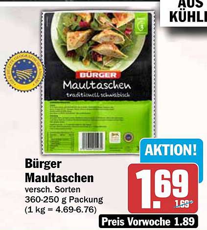 Bürger Maultaschen versch. Sorten 360-250 g Packung (1 kg = 4.69-6.76)