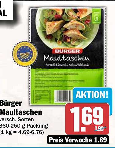 Bürger Maultaschen versch. Sorten 360-250 g Packung (1 kg = 4.69-6.76)