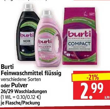 Burti Feinwaschmittel flüssig verschiedene Sorten oder Pulver 26/29 Waschladungen (1 WL = 0.10/0.12 €) je Flasche/Packung