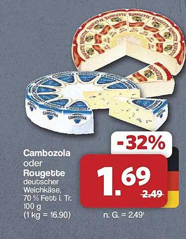 Cambozola oder Bougette deutscher Weichkäse, 70 % Fett i. Tr., 100 g