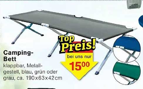 Camping-Bett klappbar, Metallgestell, blau, grün oder grau, ca. 190 x 63 x 42 cm