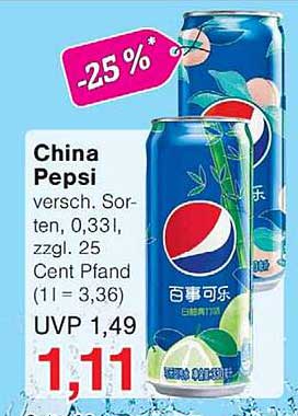 China Pepsi versch. Sorten, 0,33l, zzgl. 25 Cent Pfand (1 l = 3,36)