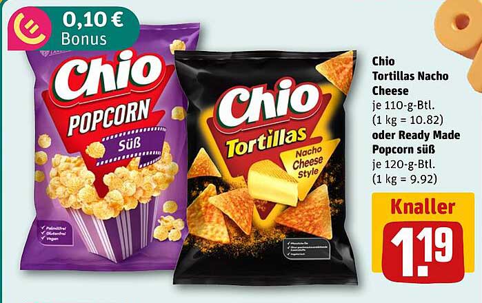 Chio Tortillas Nacho Cheese je 110-g-Btl. (1 kg = 10.82) oder Ready Made Popcorn süß je 120-g-Btl. (1 kg = 9.92)