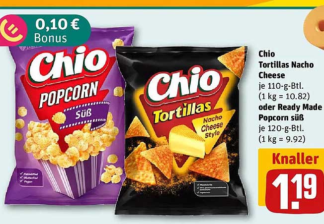 Chio Tortillas Nacho Cheese je 110-g-Btl. oder Ready Made Popcorn süß je 120-g-Btl.