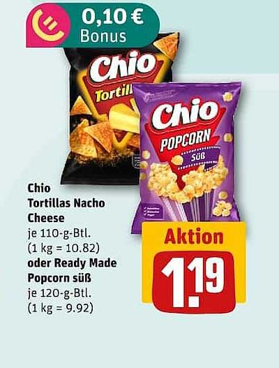 Chio Tortillas Nacho Cheese oder Ready Made Popcorn süß