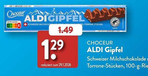 CHOCEUR ALDI Gipfel Schweizer Milchschokolade mit Torrone-Stücken, 100-g-Riegel