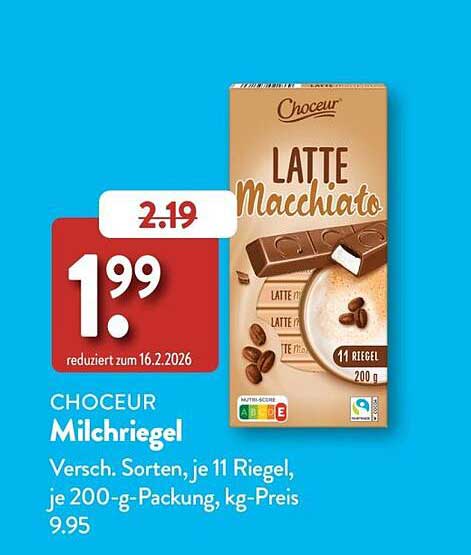 CHOCEUR Milchriegel Versch. Sorten, je 11 Riegel, je 200-g-Packung, kg-Preis 9,95