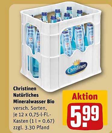 Christinen Natürliches Mineralwasser Bio versch. Sorten, je 12 x 0,75-l-Fl.-Kasten (1 l = 0.67) zzgl. 3.30 Pfand