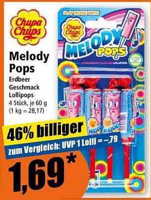 Chupa Chups Melody Pops Erdbeer Geschmack Lollipops 4 Stück, je 60 g (1 kg = 28,17)