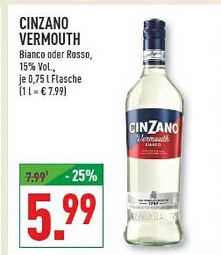 CINZANO VERMOUTH Bianco oder Rosso, 15% Vol., je 0,75 l Flasche