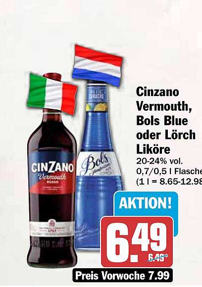 Cinzano Vermouth, Bols Blue oder Lörch Liköre